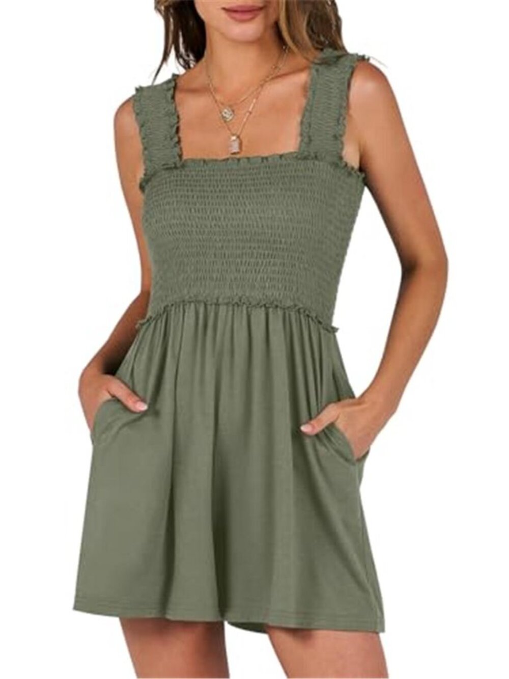 Smocked Romper Sleeveless Square Neck Jumpsuit Beach Vacation Summer Outfit